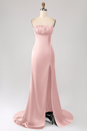 Vestido de fiesta de satén con tirantes de espagueti de sirena rosa polvorienta con plisado